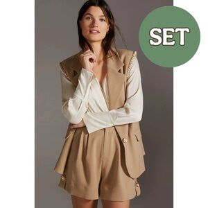 ANTHROPOLOGIE NWT SET Jovanna Tan Beige Pearl Chain Trim Vest & High Rise Shorts